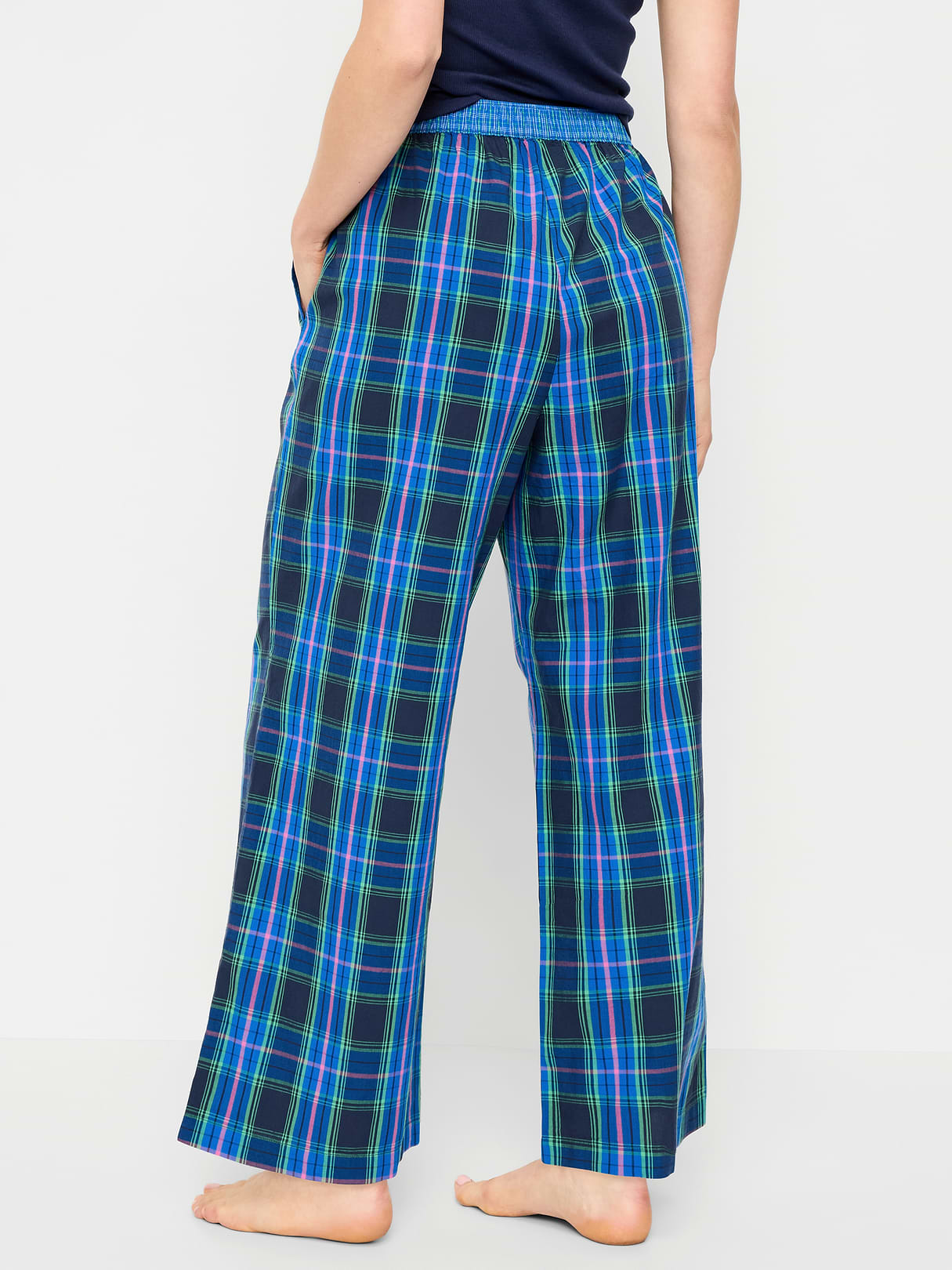 Poplin Wide-Leg Pajama Pants - Blue Plaid