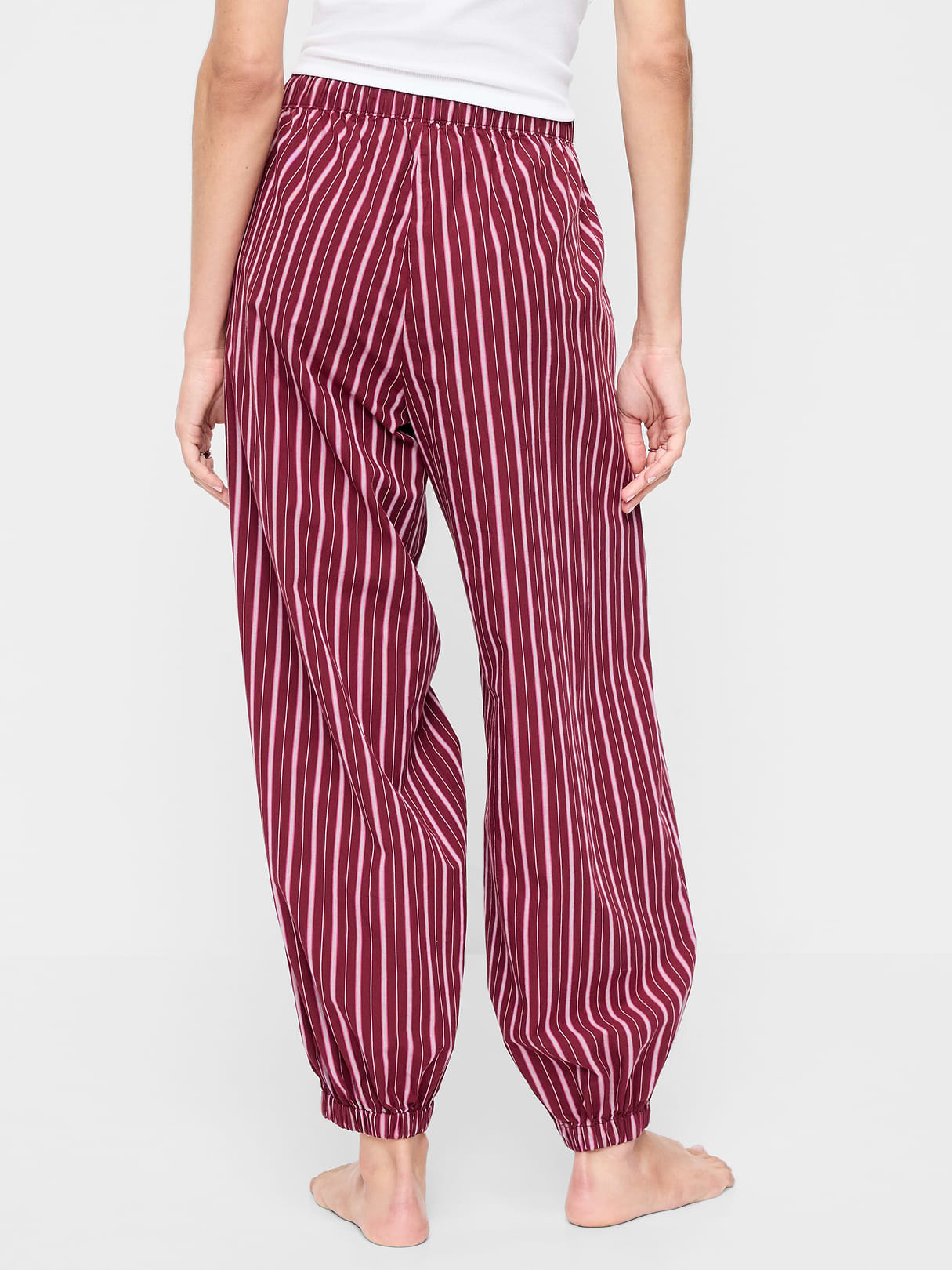 Cinched Poplin Balloon Pants - Burgundy Stripe