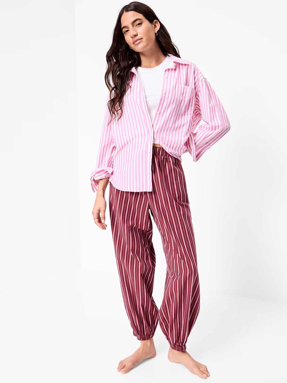 Cinched Poplin Balloon Pants - Burgundy Stripe