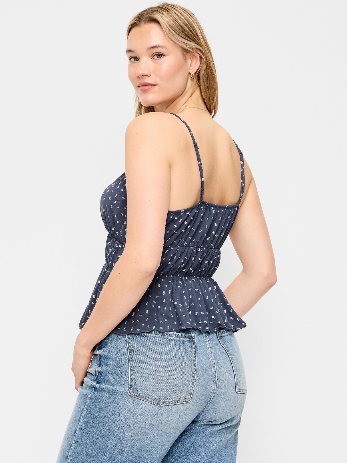 Lace-Trim Smocked-Waist Tank Top - Blue Floral
