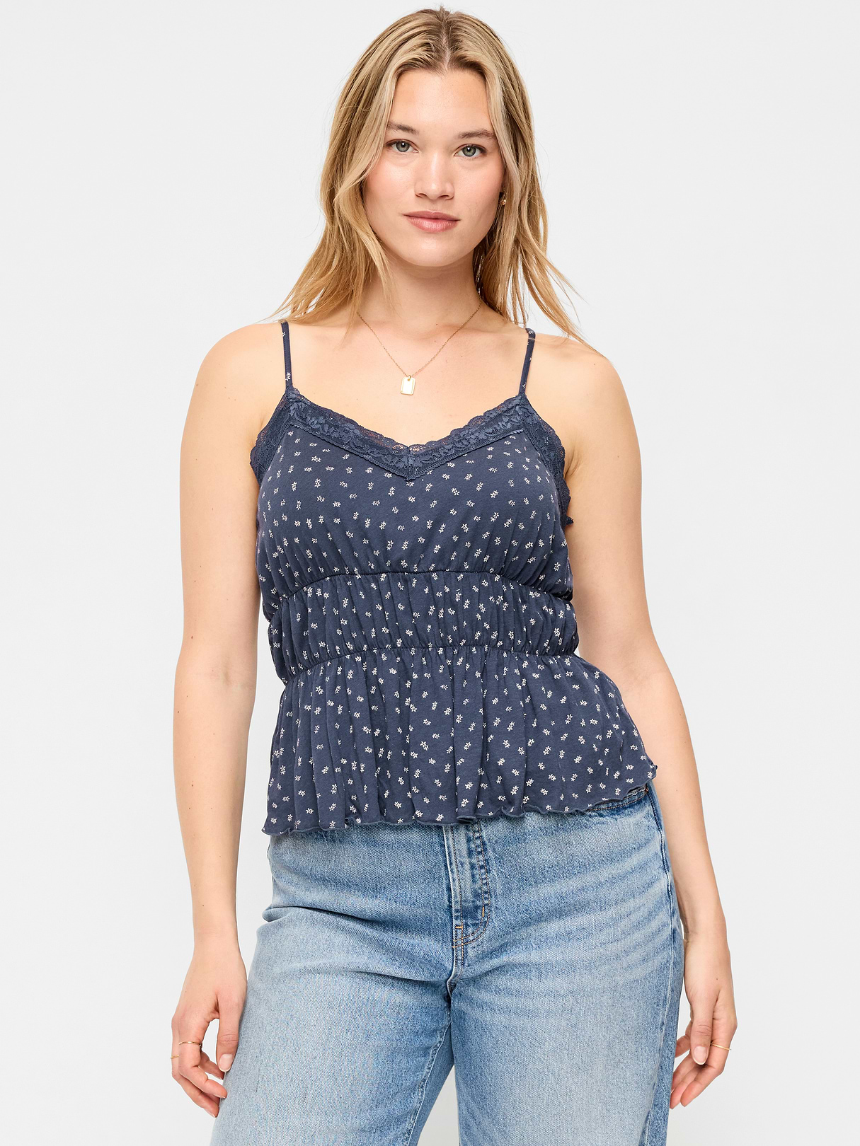 Lace-Trim Smocked-Waist Tank Top - Blue Floral