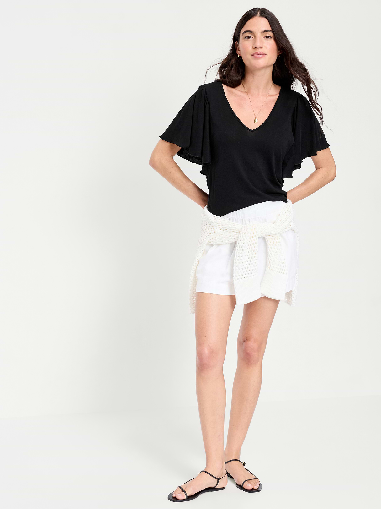 V-Neck Flutter Sleeve Top - Black Jack