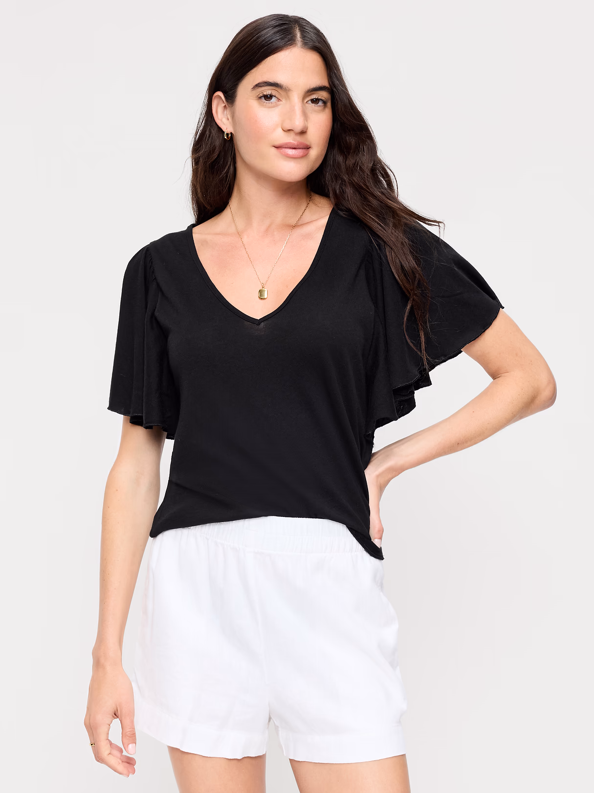 V-Neck Flutter Sleeve Top - Black Jack