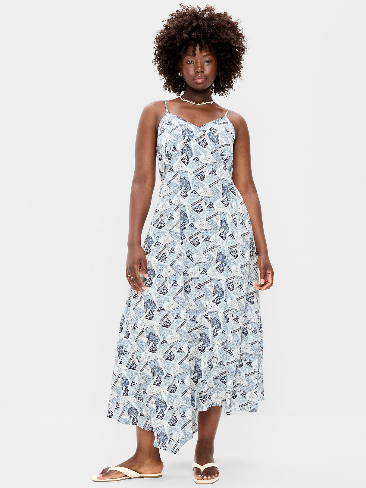 Fit & Flare Tie-Back Asymmetrical Midi Dress - Patchwork (Multi Blue)