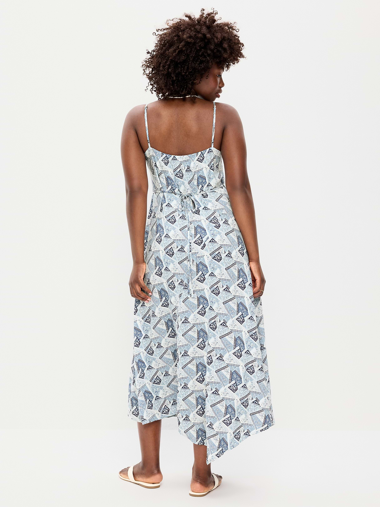 Fit & Flare Tie-Back Asymmetrical Midi Dress - Patchwork (Multi Blue)