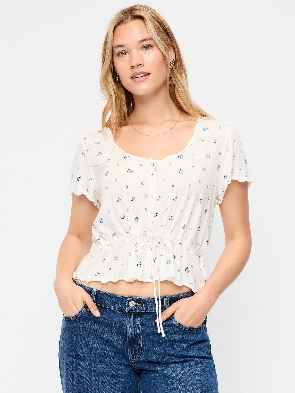 Lace-Trim Button-Down Top - White Floral