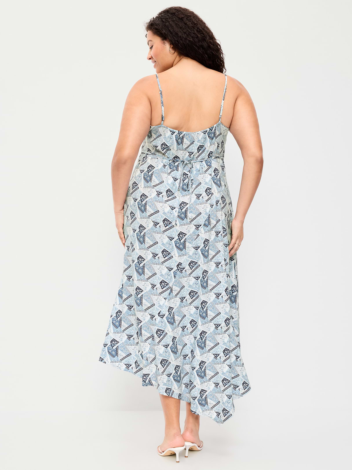 Fit & Flare Tie-Back Asymmetrical Midi Dress - Patchwork (Multi Blue)