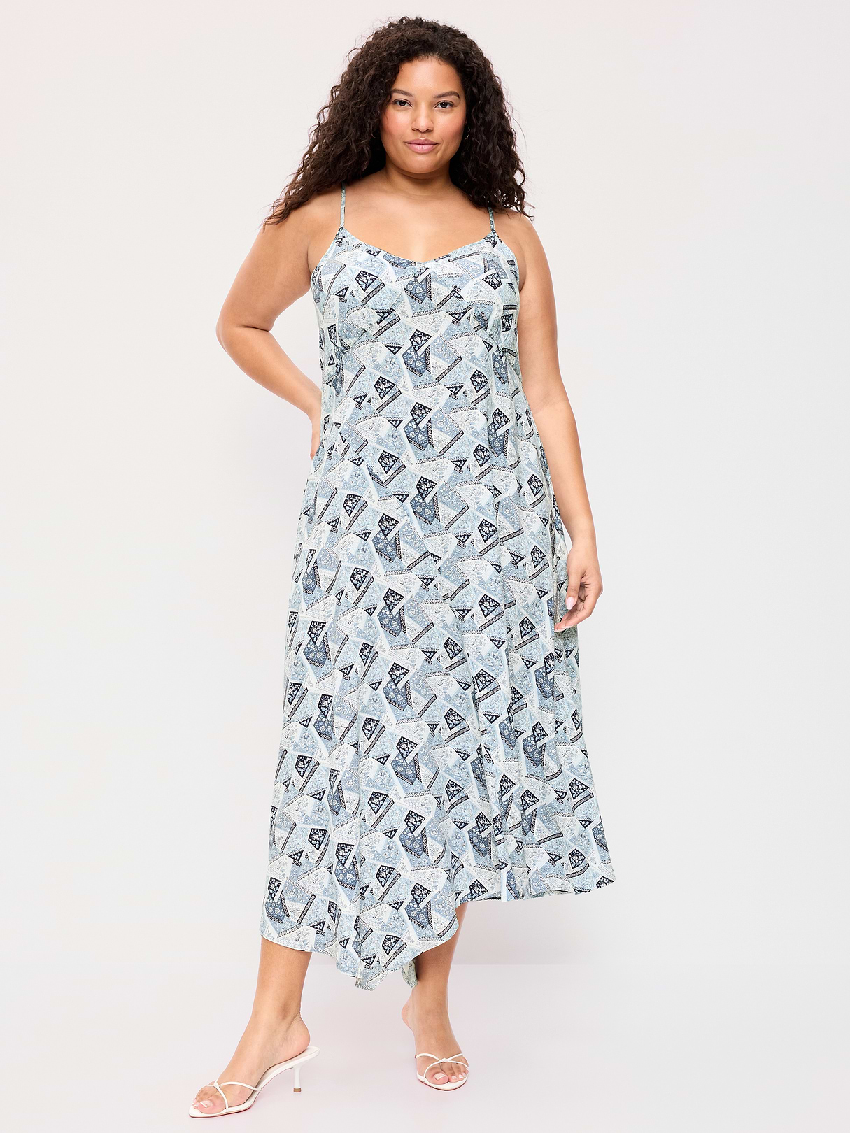 Fit & Flare Tie-Back Asymmetrical Midi Dress - Patchwork (Multi Blue)