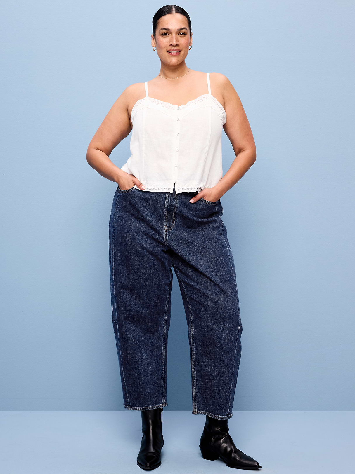 High-Waisted Baggy Barrel Ankle Jeans - Dark Wash