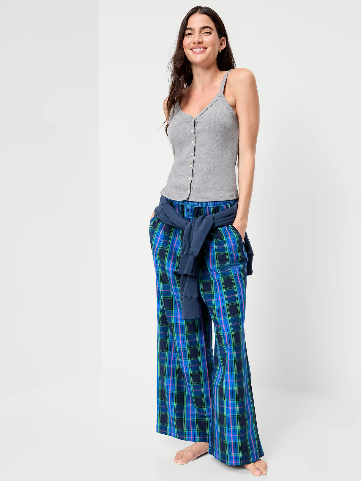 Poplin Wide-Leg Pajama Pants - Blue Plaid