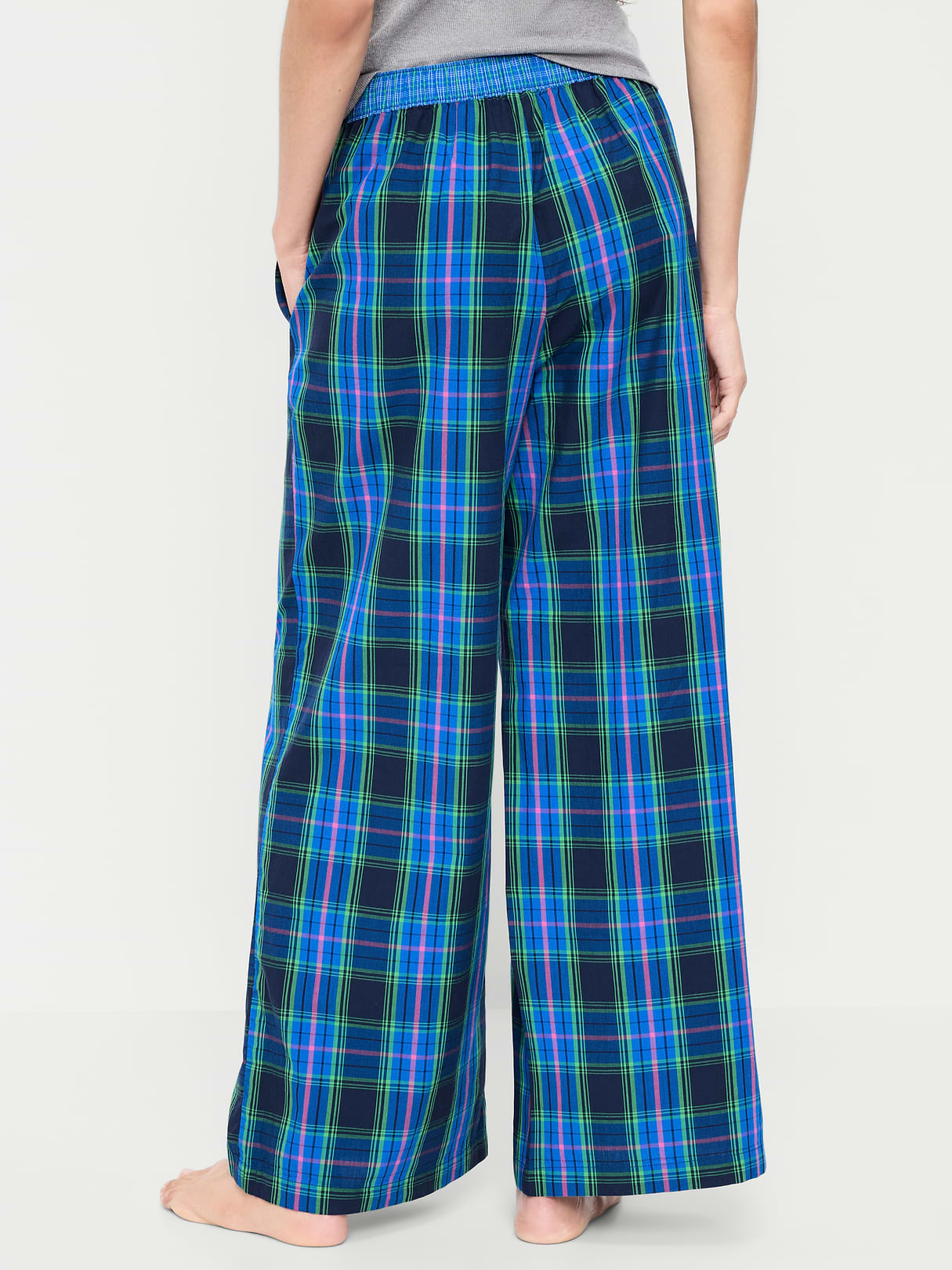 Poplin Wide-Leg Pajama Pants - Blue Plaid