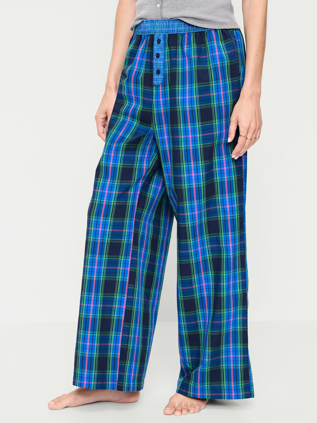 Poplin Wide-Leg Pajama Pants - Blue Plaid