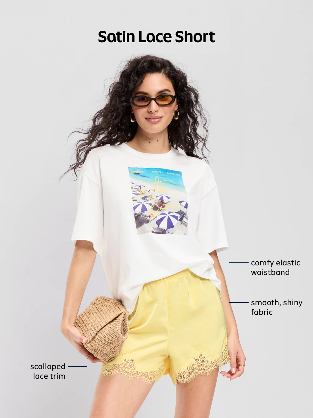 High-Waisted Lace-Trim Satin Shorts - Sunbeam