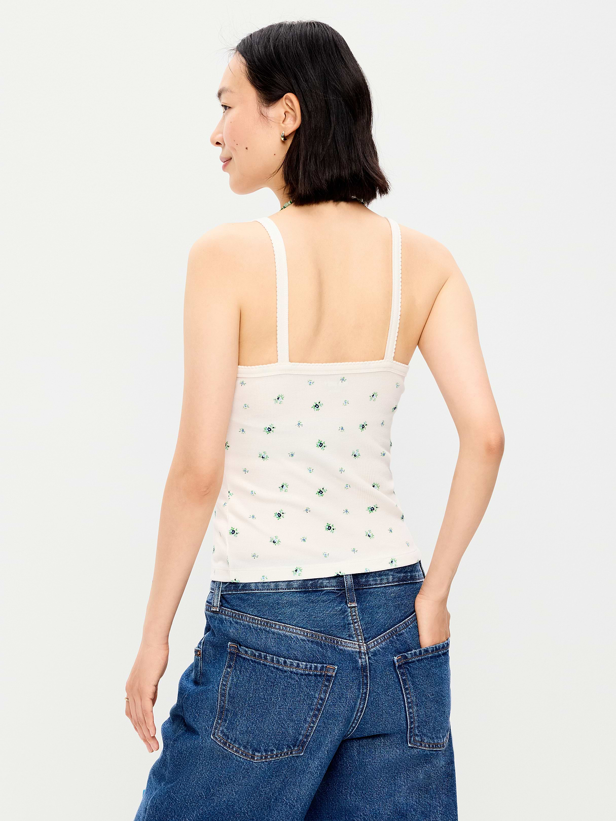 Button-Front Cami Tank Top - White Floral