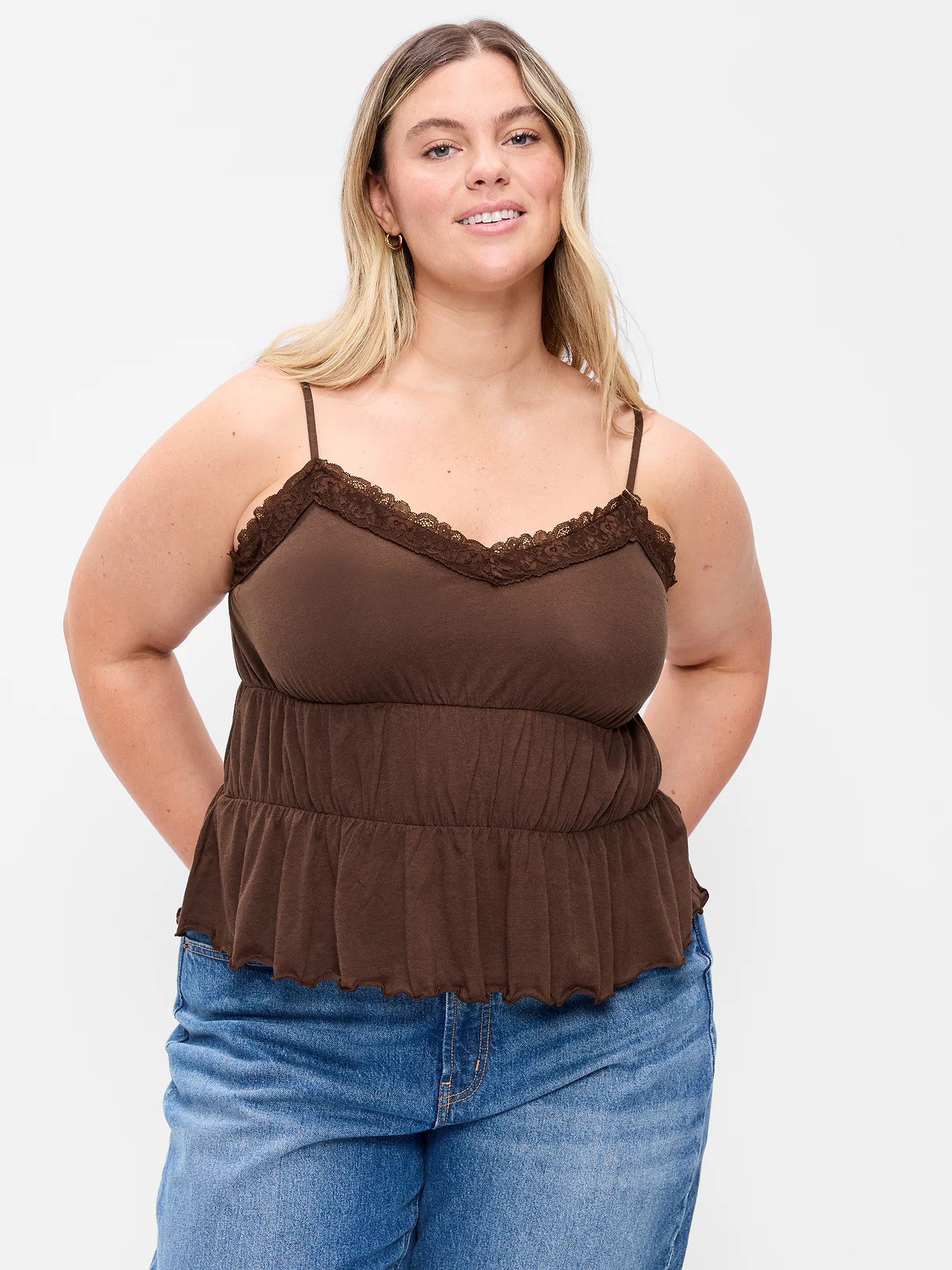 Lace-Trim Smocked-Waist Tank Top - Earthen