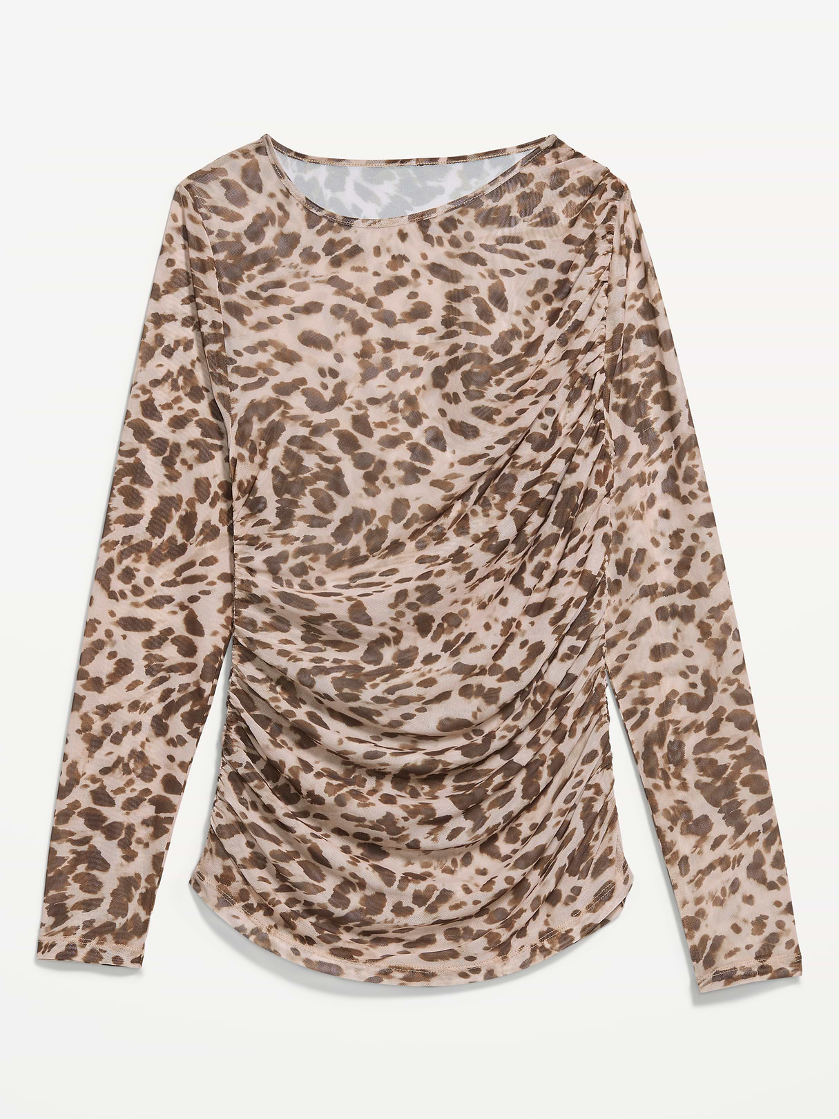 Long-Sleeve Asymmetrical Unlined Mesh Top - Brown Animal