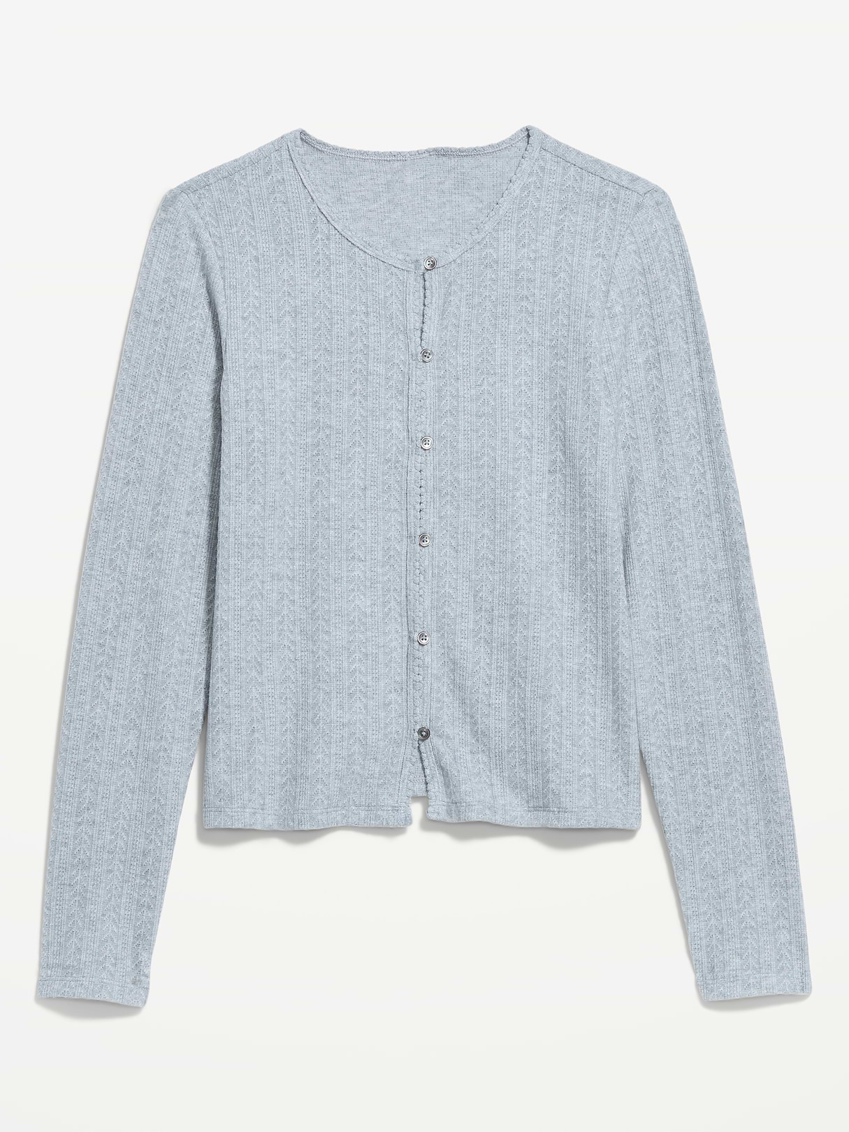 Long-Sleeve Button-Front Cutout Pointelle Top - Medium Heather Gray