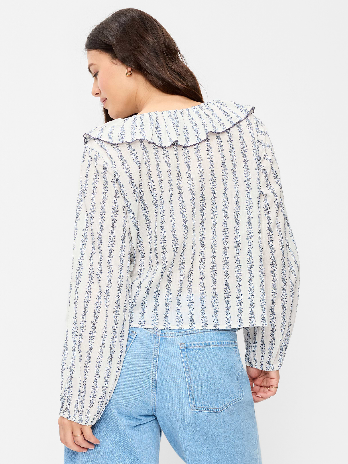 Long-Sleeve Ruffle Tie-Neck Top - White/Blue Floral