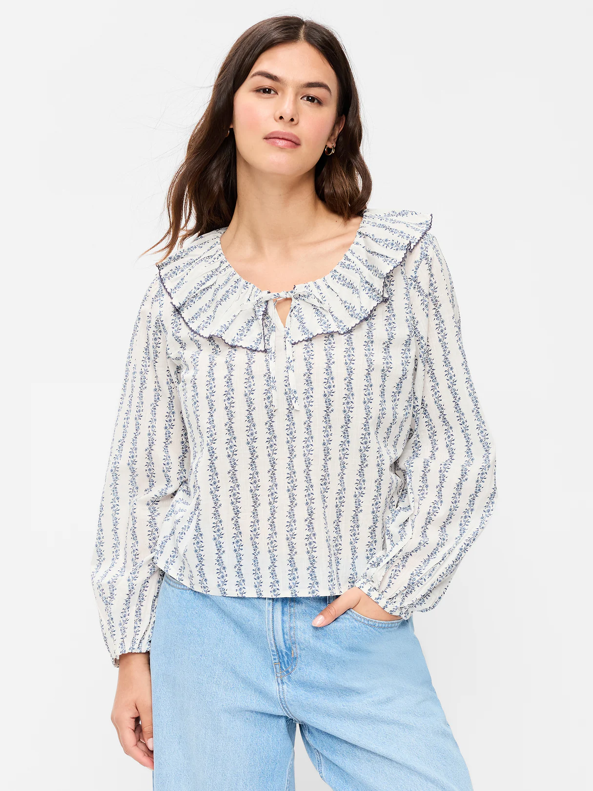 Long-Sleeve Ruffle Tie-Neck Top - White/Blue Floral