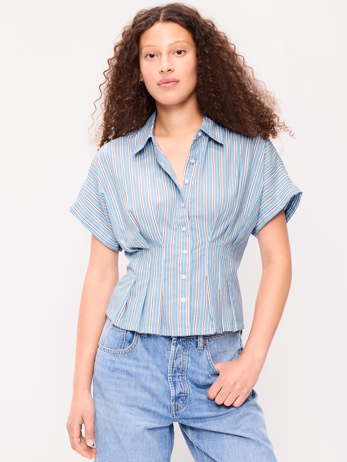Slim-Waisted Button-Down Shirt - Blue Stripe