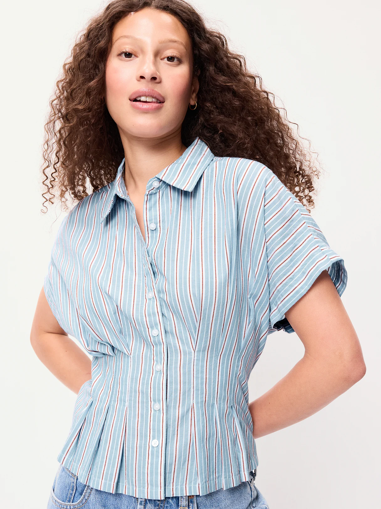 Slim-Waisted Button-Down Shirt - Blue Stripe