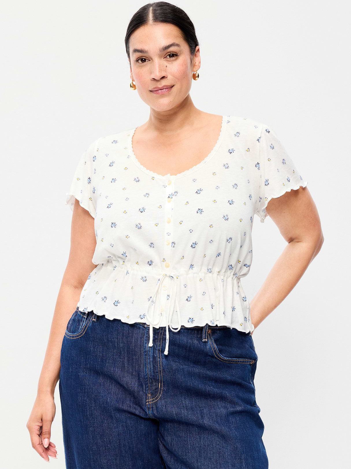 Lace-Trim Button-Down Top - White Floral