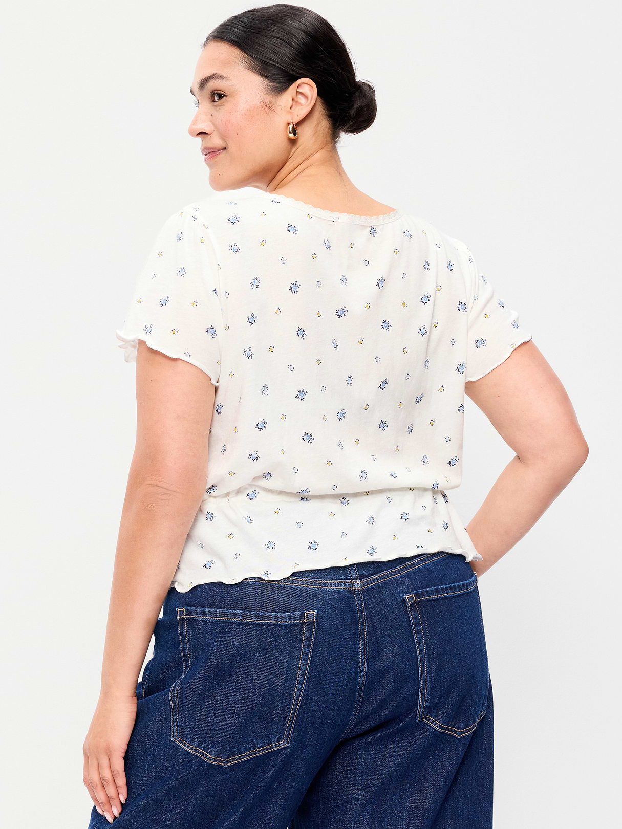 Lace-Trim Button-Down Top - White Floral