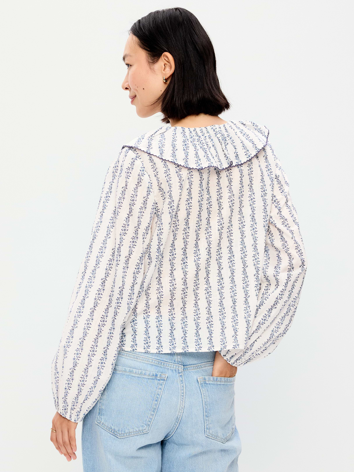 Long-Sleeve Ruffle Tie-Neck Top - White/Blue Floral