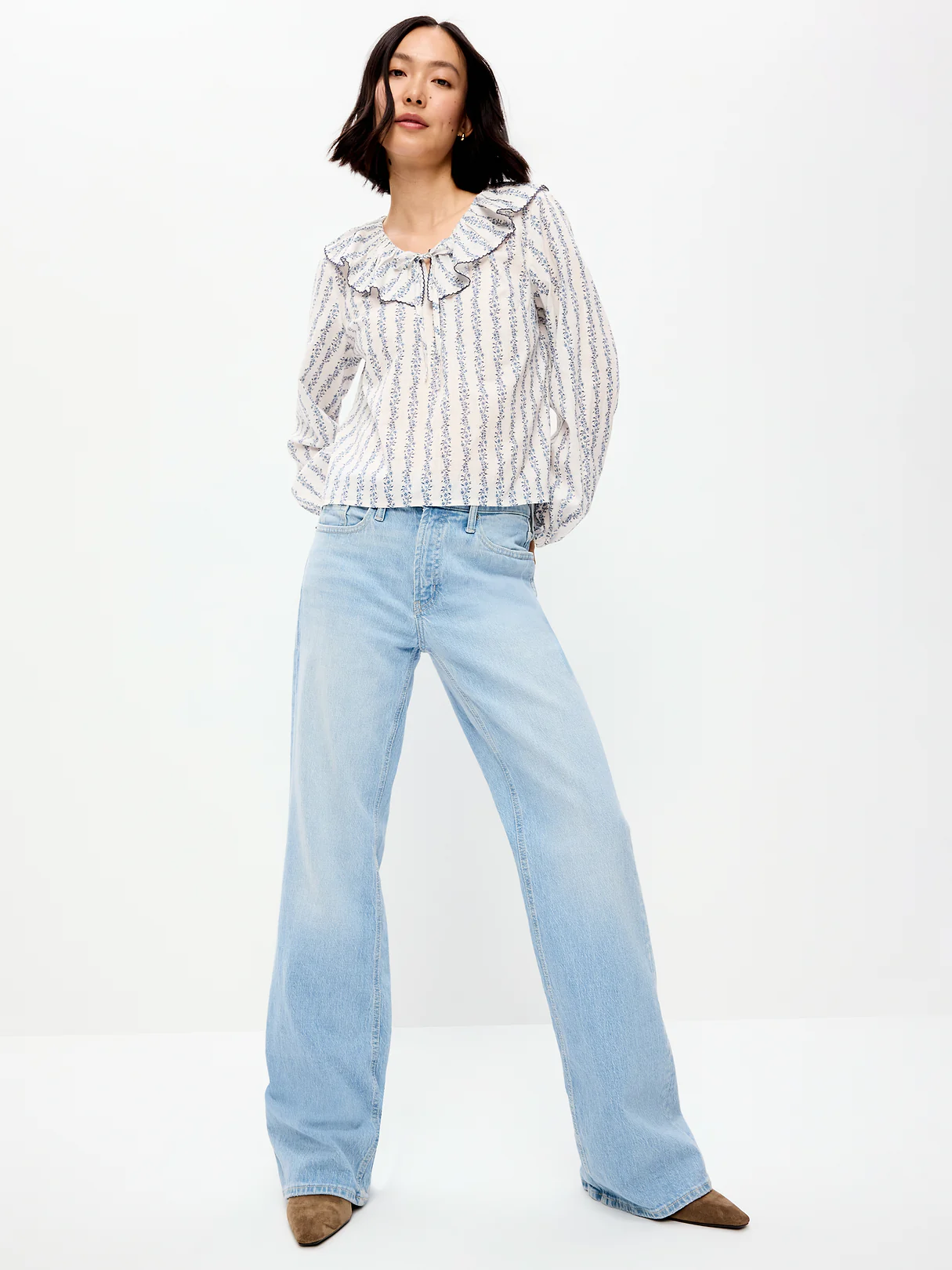 Long-Sleeve Ruffle Tie-Neck Top - White/Blue Floral
