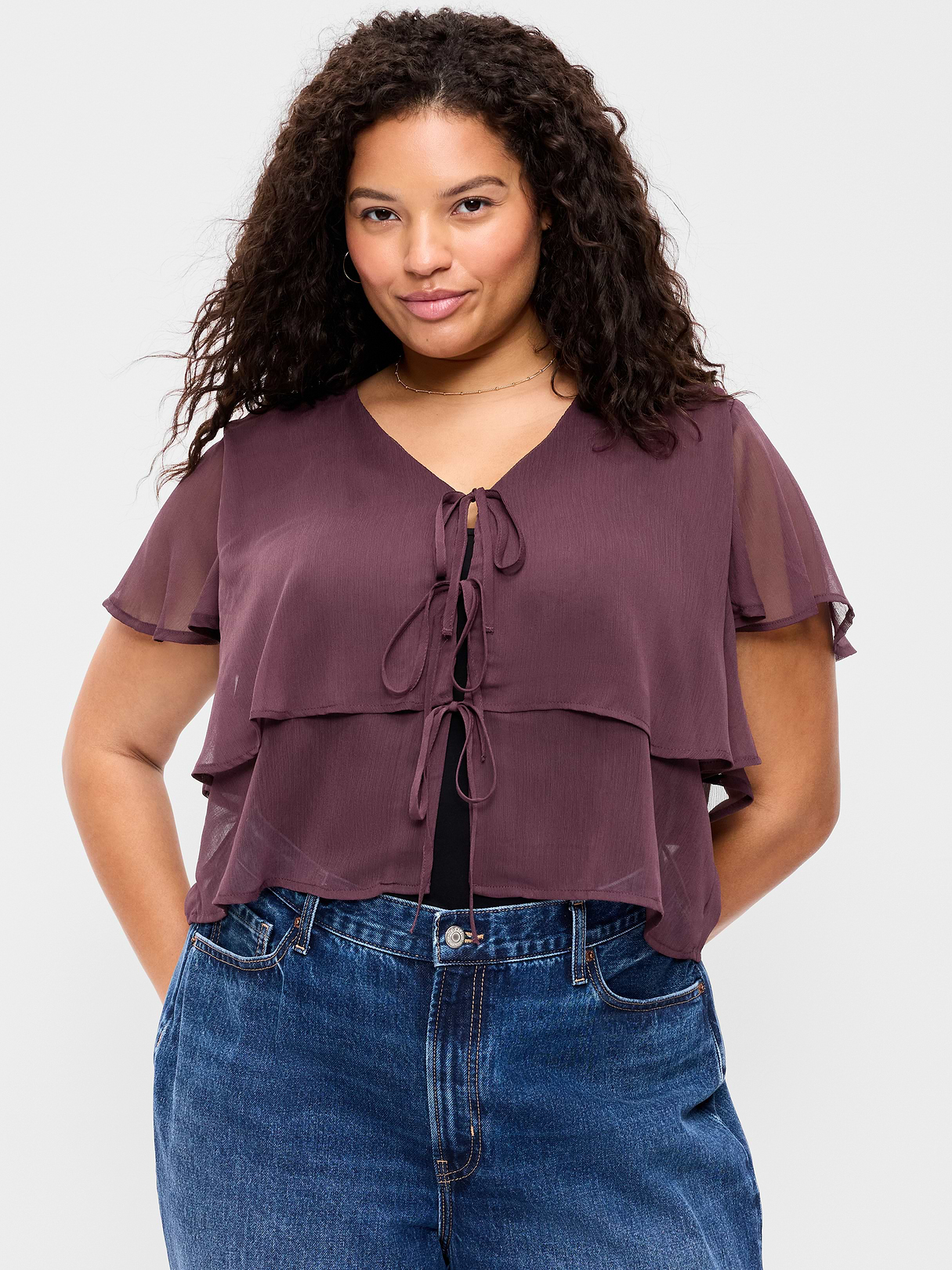Tiered Ruffle Tie-Front Top - Veil Of Night