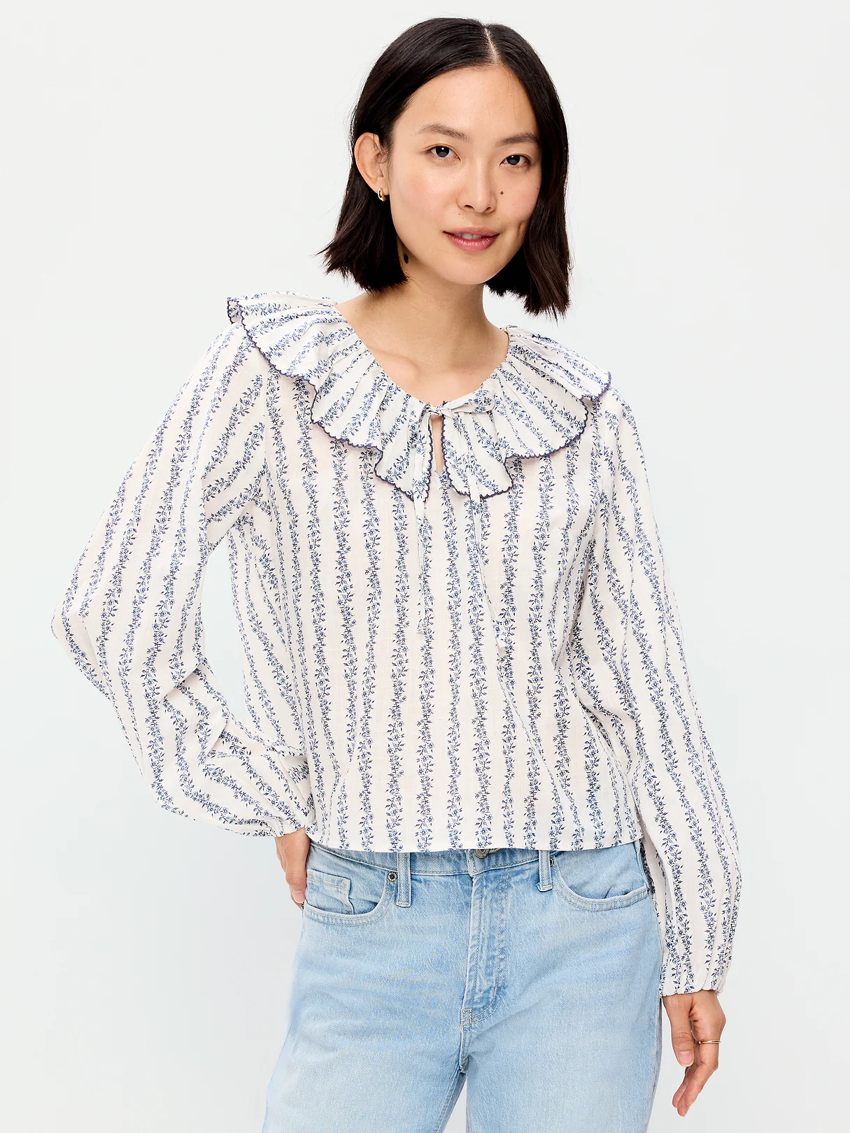 Long-Sleeve Ruffle Tie-Neck Top - White/Blue Floral