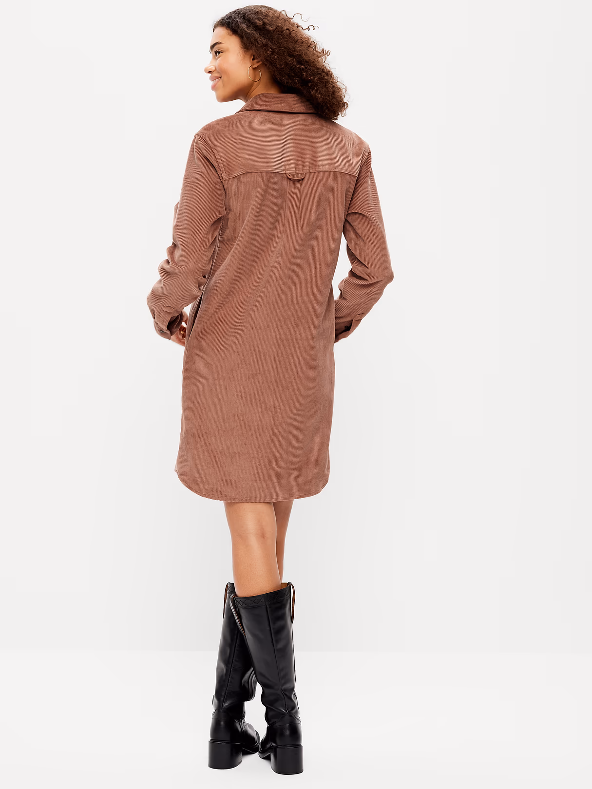 Long-Sleeve Button-Down Mini Shirt Dress - Saddle