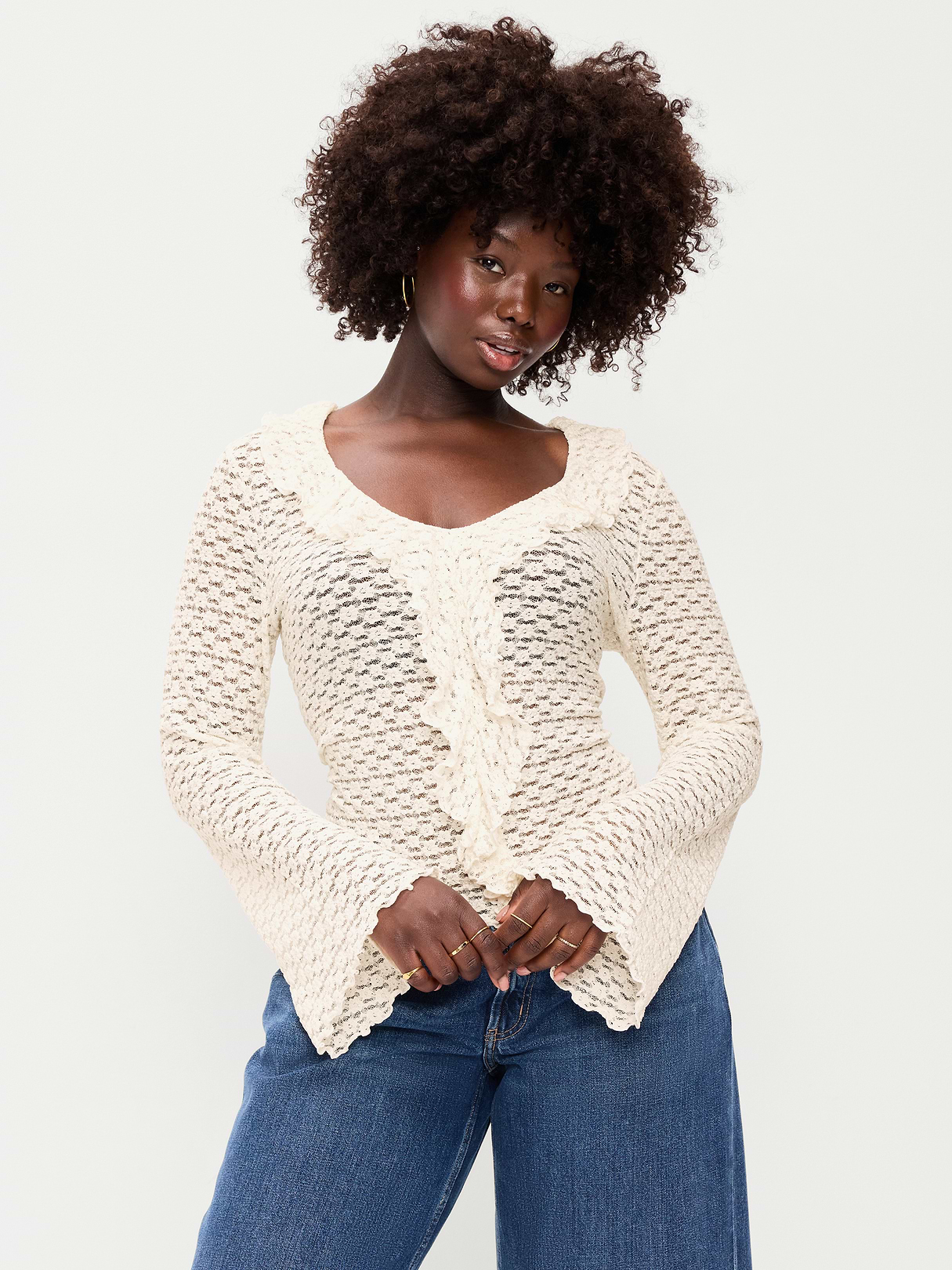Fitted Bell-Sleeve Ruffle Top - Sea Salt