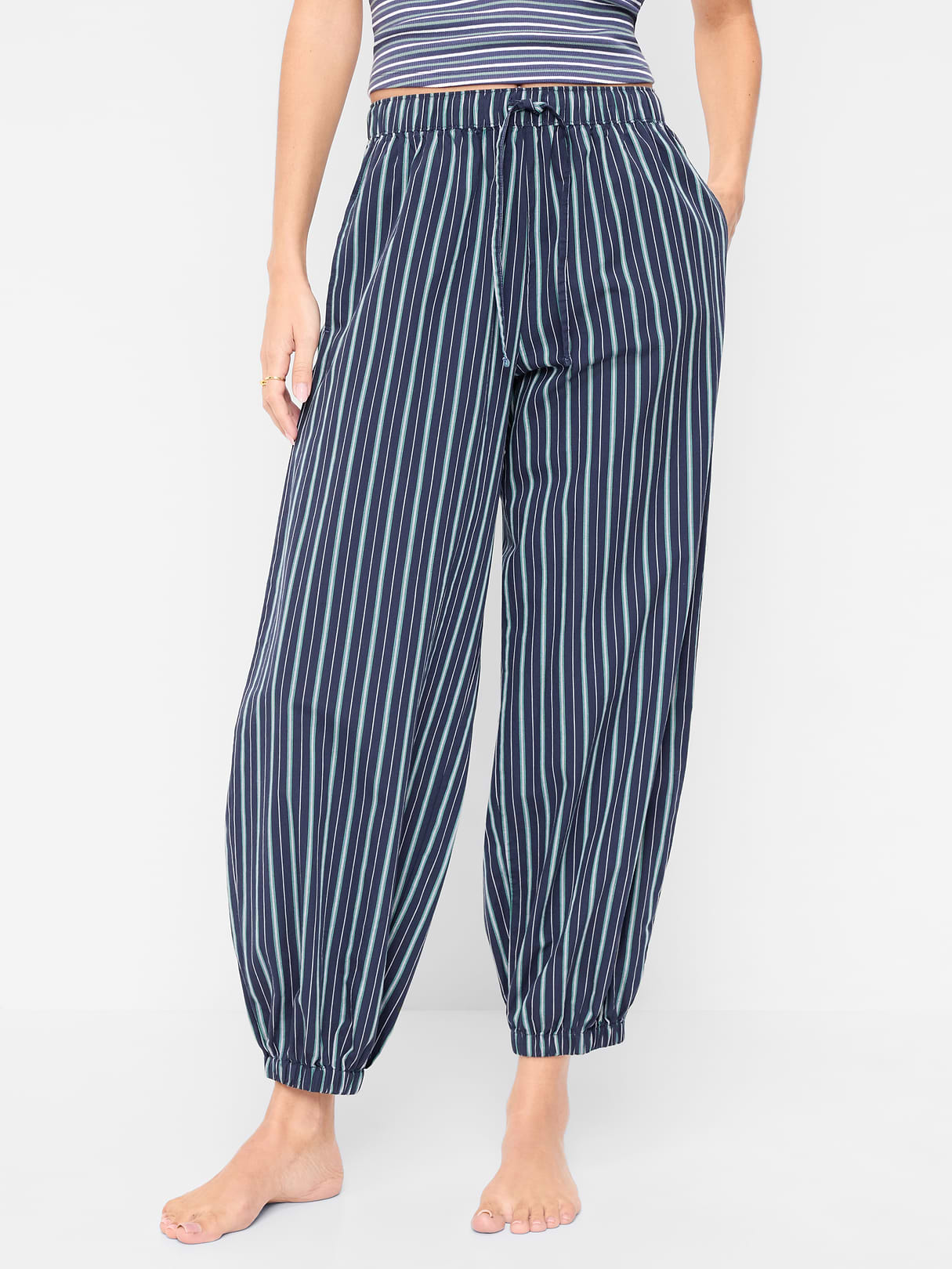 Cinched Poplin Balloon Pants - Navy Stripe