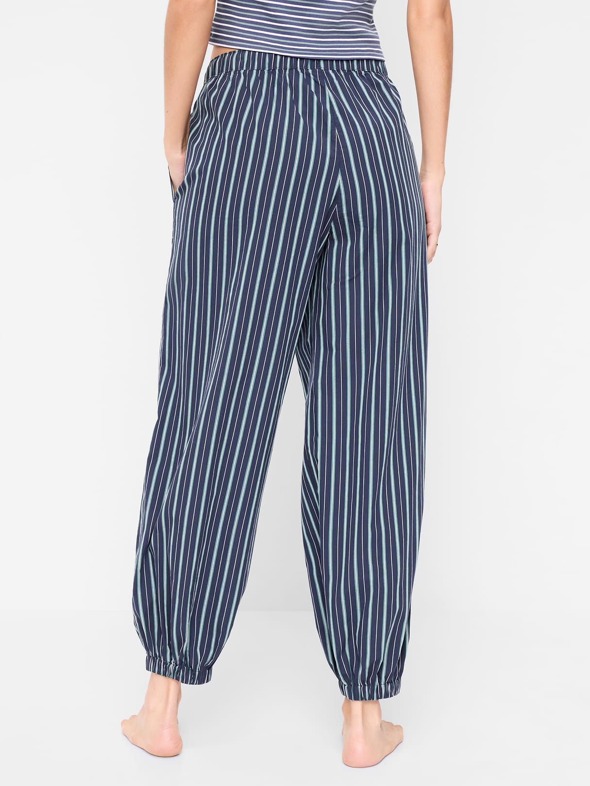 Cinched Poplin Balloon Pants - Navy Stripe