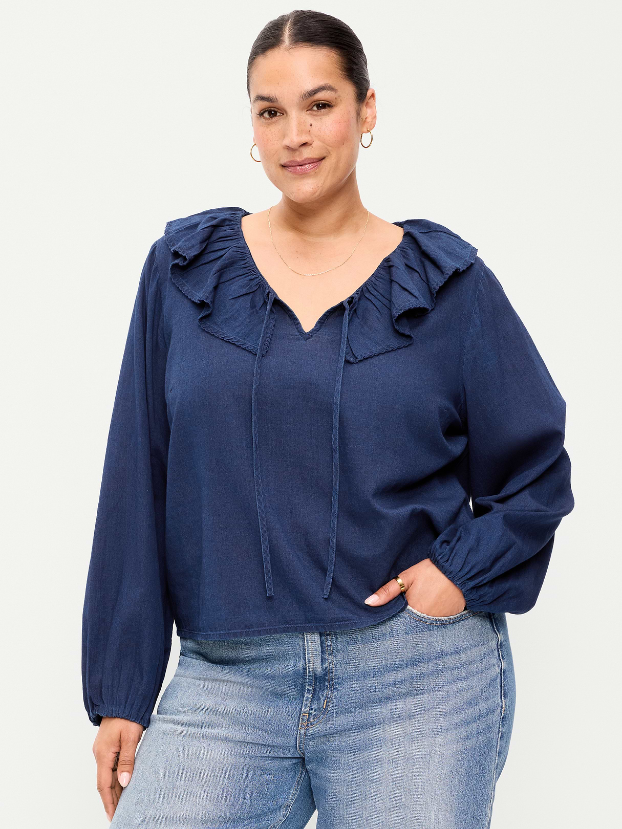 Long-Sleeve Ruffle Tie-Neck Top - Medium Wash