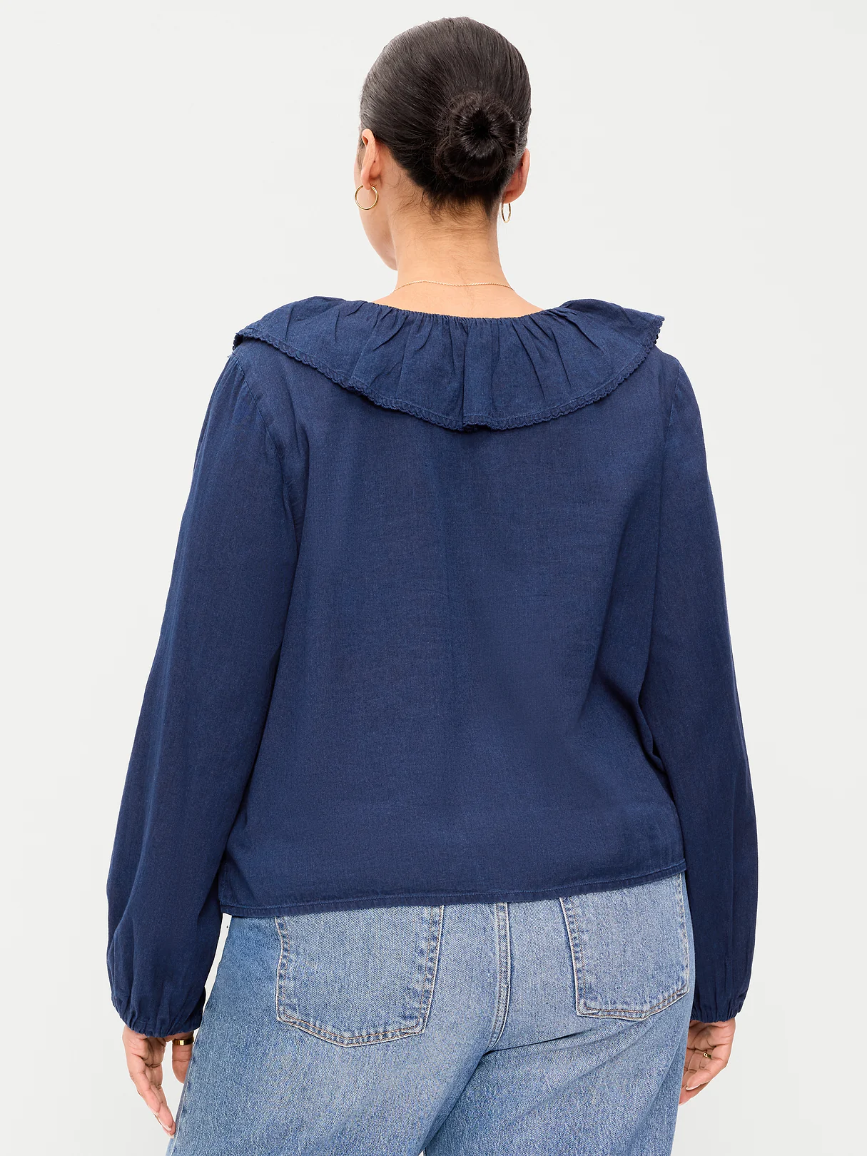 Long-Sleeve Ruffle Tie-Neck Top - Medium Wash