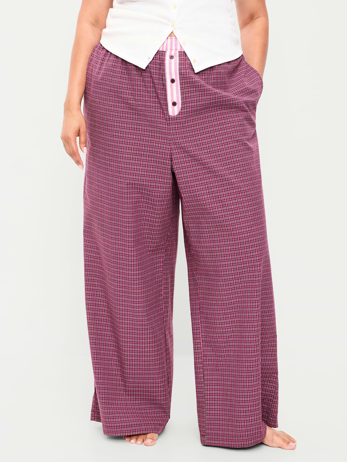 Poplin Wide-Leg Pajama Pants - Dark Red Plaid