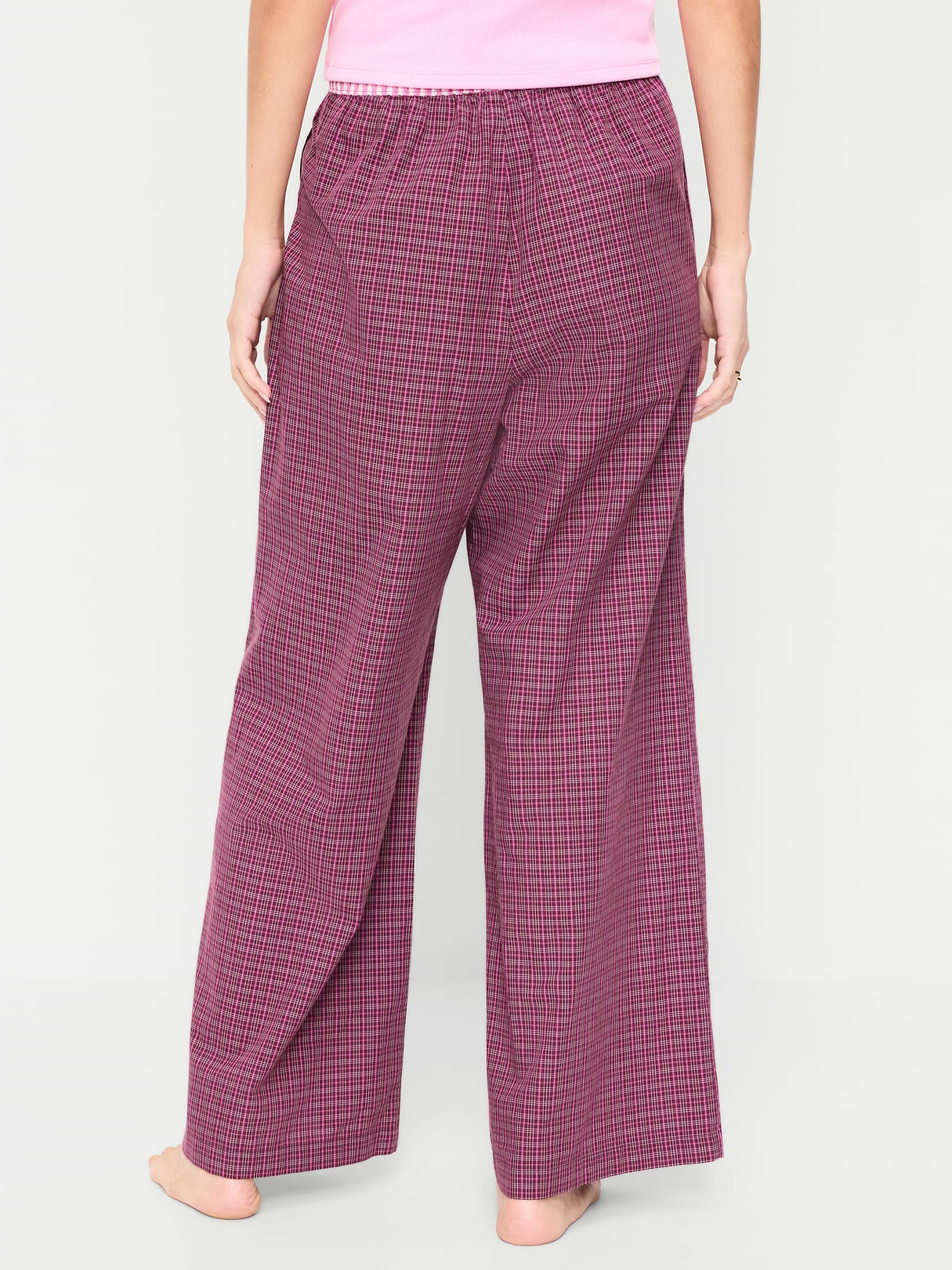 Poplin Wide-Leg Pajama Pants - Dark Red Plaid