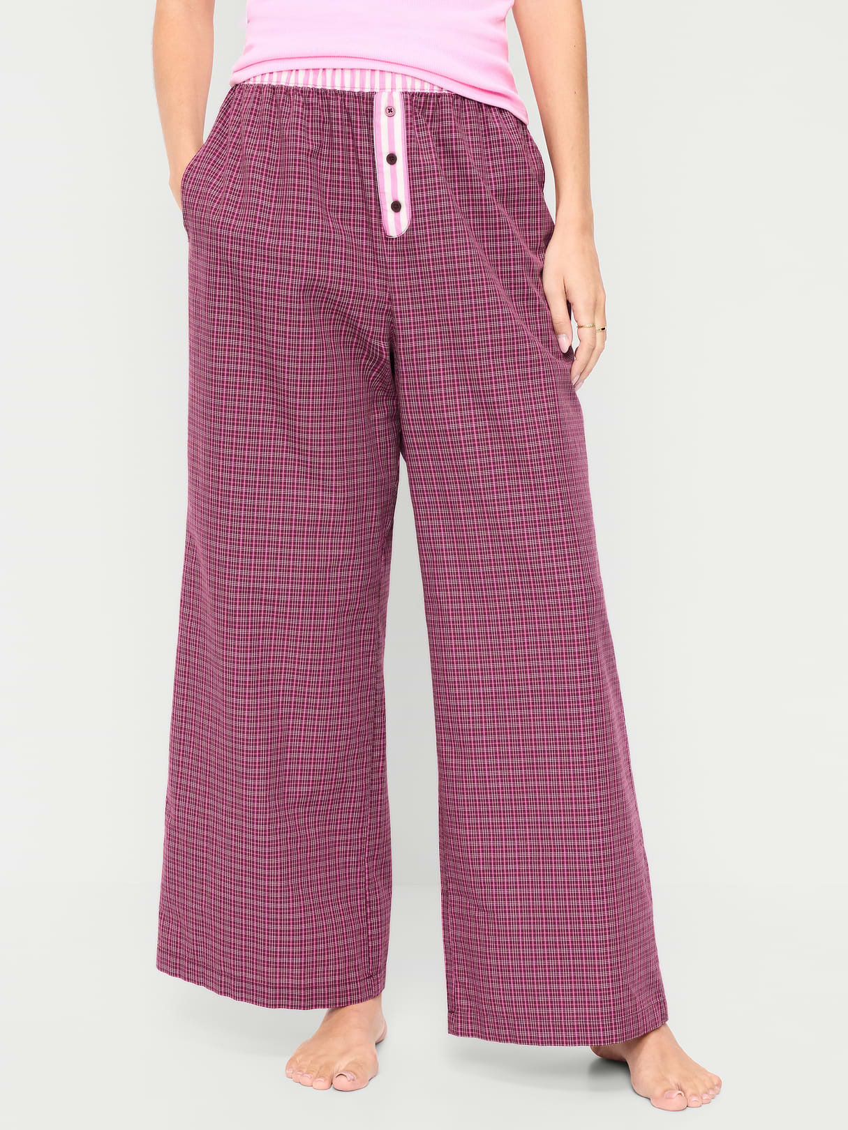 Poplin Wide-Leg Pajama Pants - Dark Red Plaid