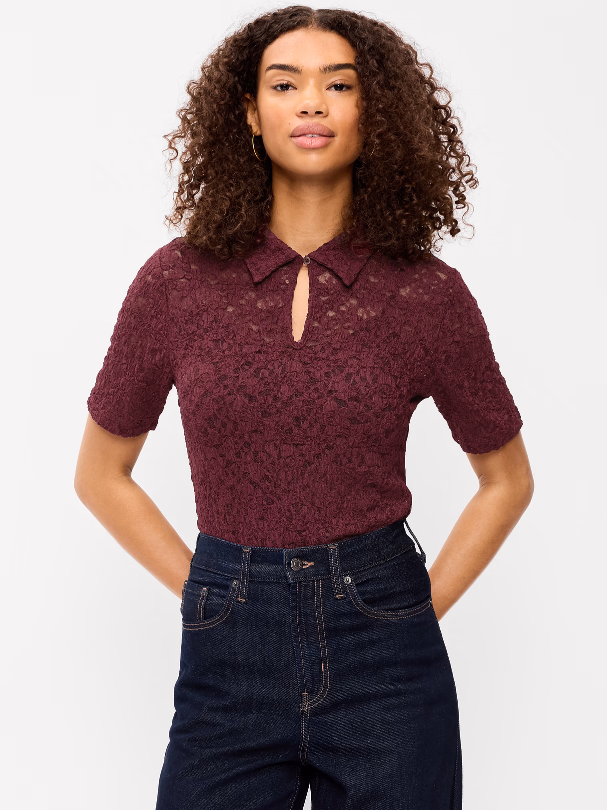 Lace Keyhole Polo Top - Red Lacquer
