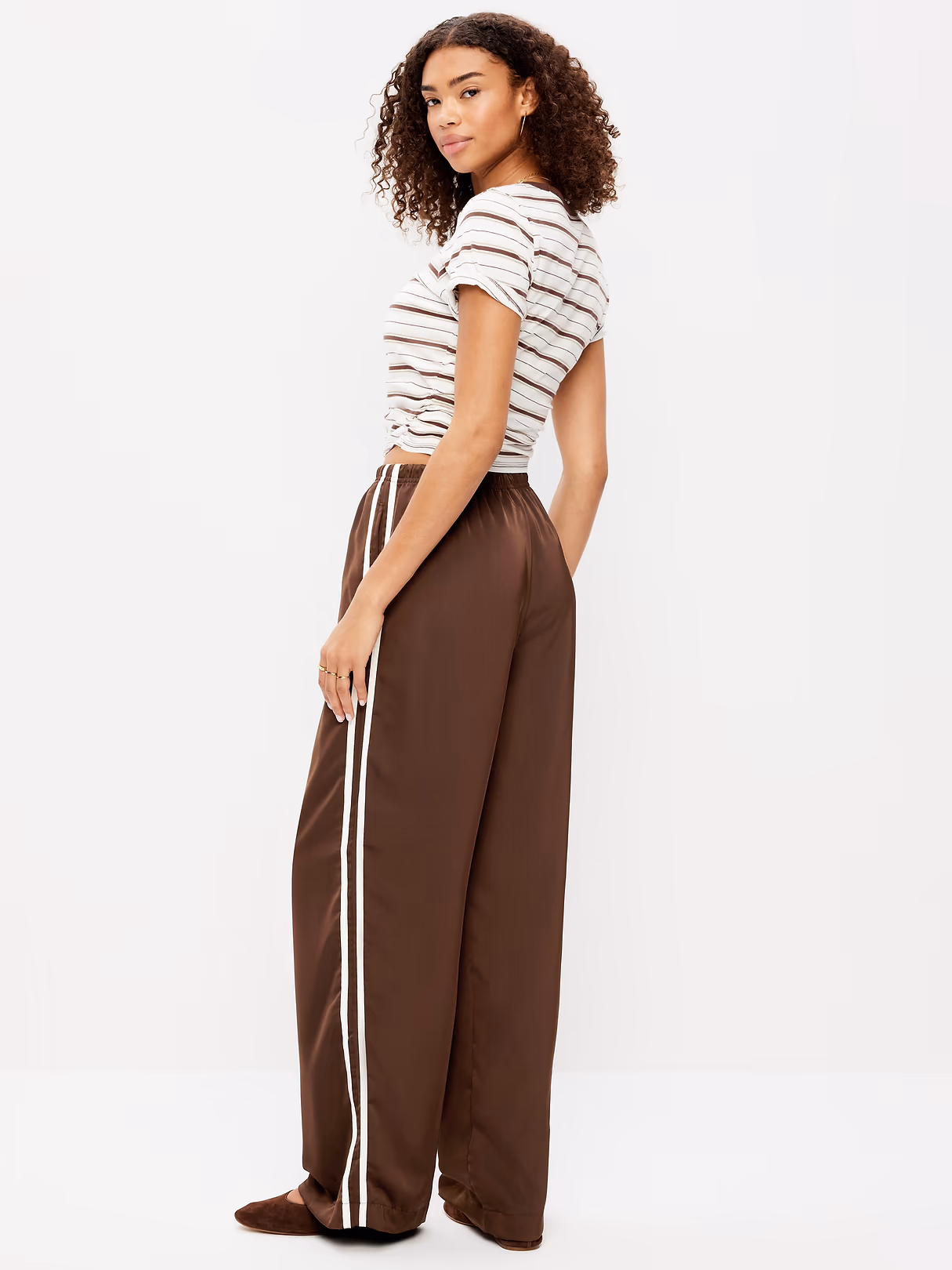 High-Waisted Satin Track Pants - Earthen