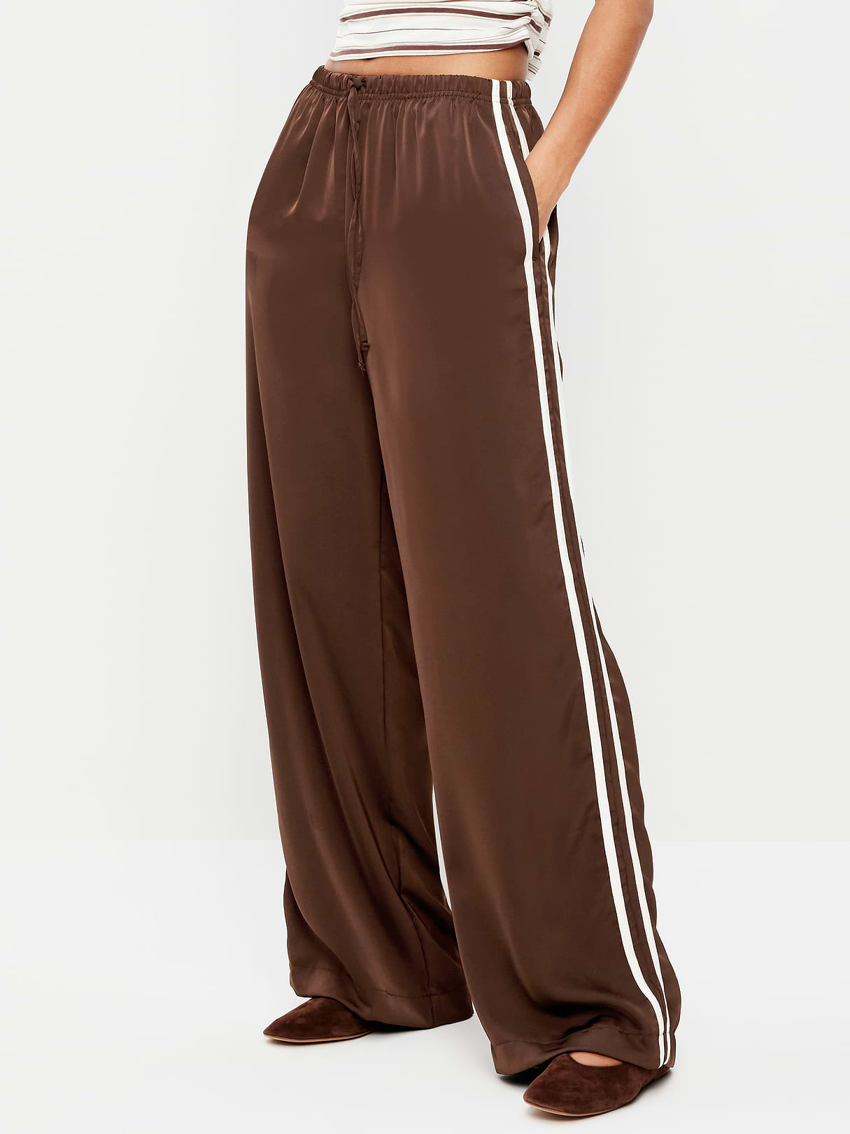 High-Waisted Satin Track Pants - Earthen