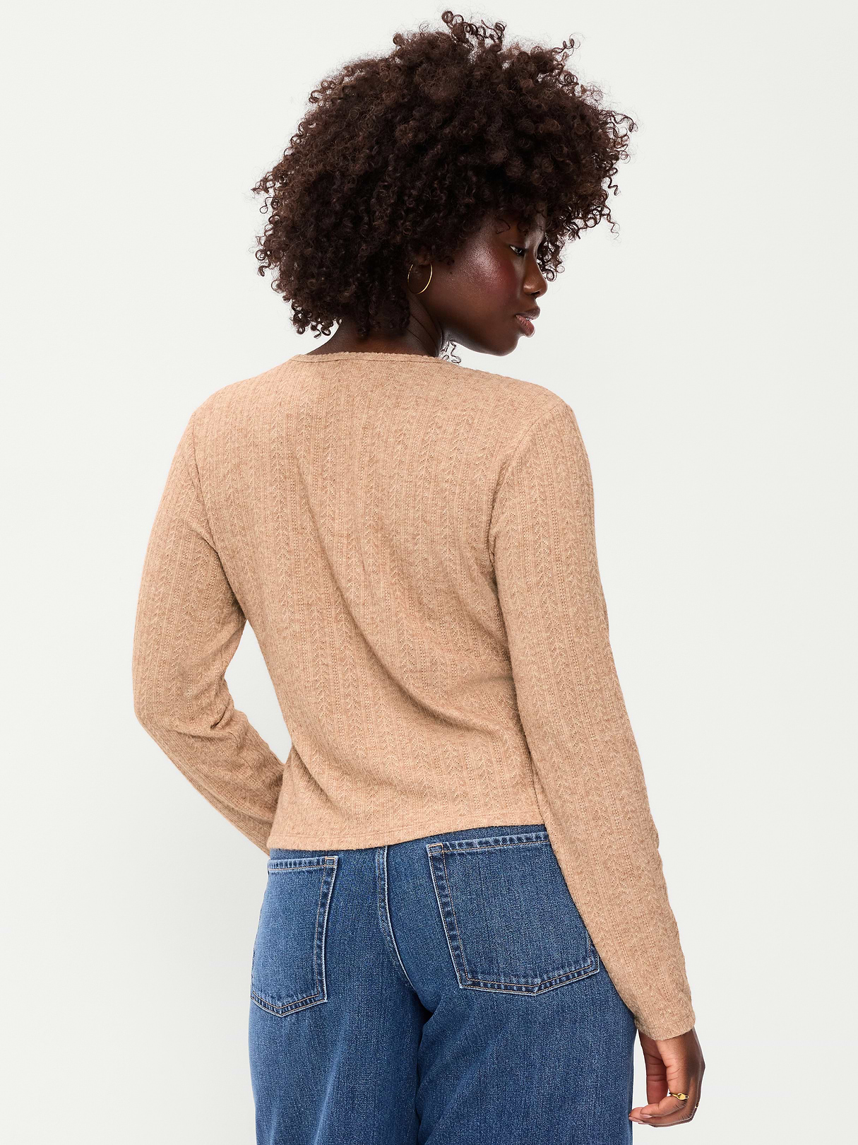 Long-Sleeve Button-Front Cutout Pointelle Top - Oatmeal Heather