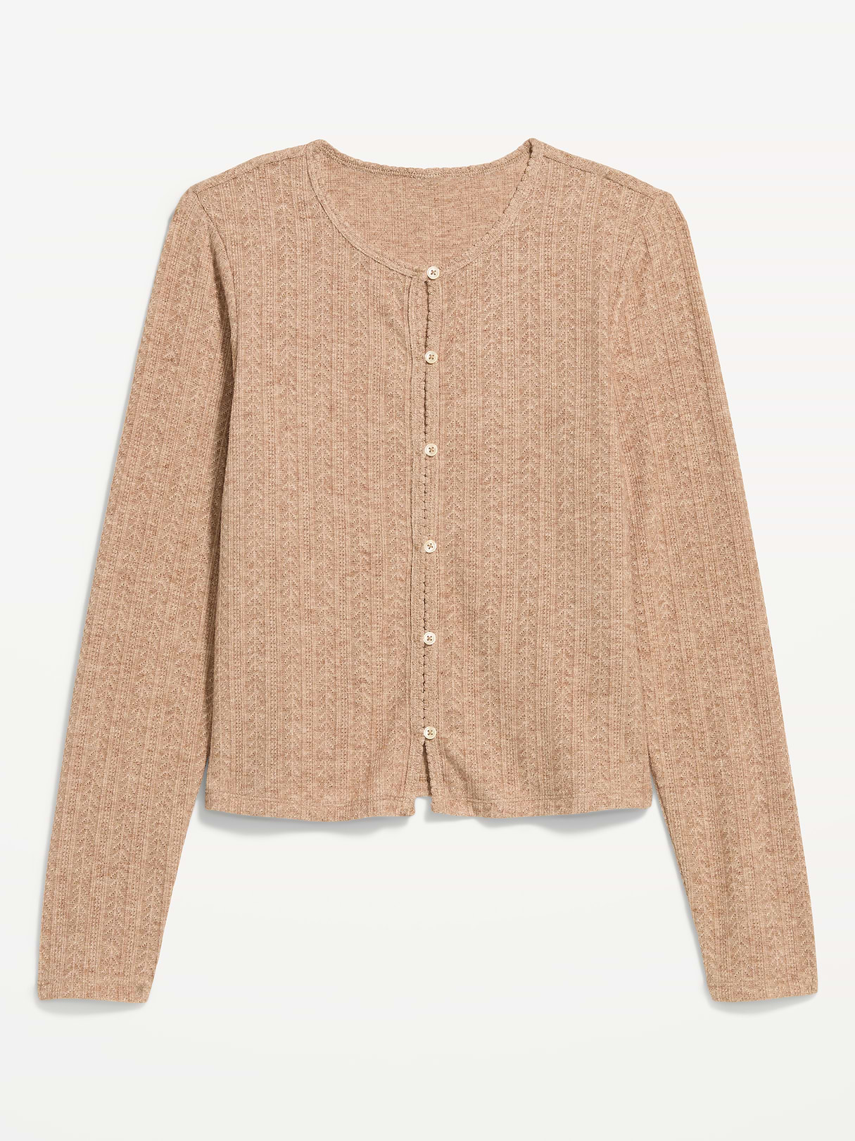 Long-Sleeve Button-Front Cutout Pointelle Top - Oatmeal Heather