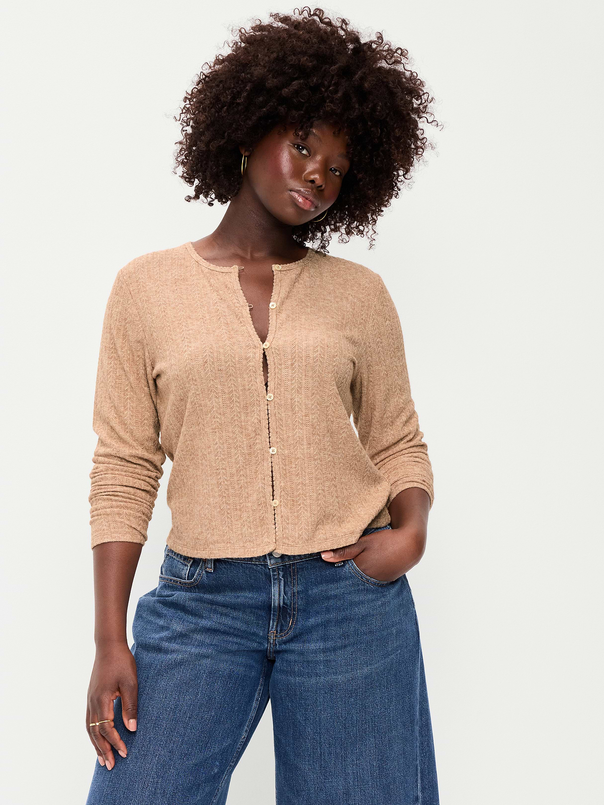 Long-Sleeve Button-Front Cutout Pointelle Top - Oatmeal Heather