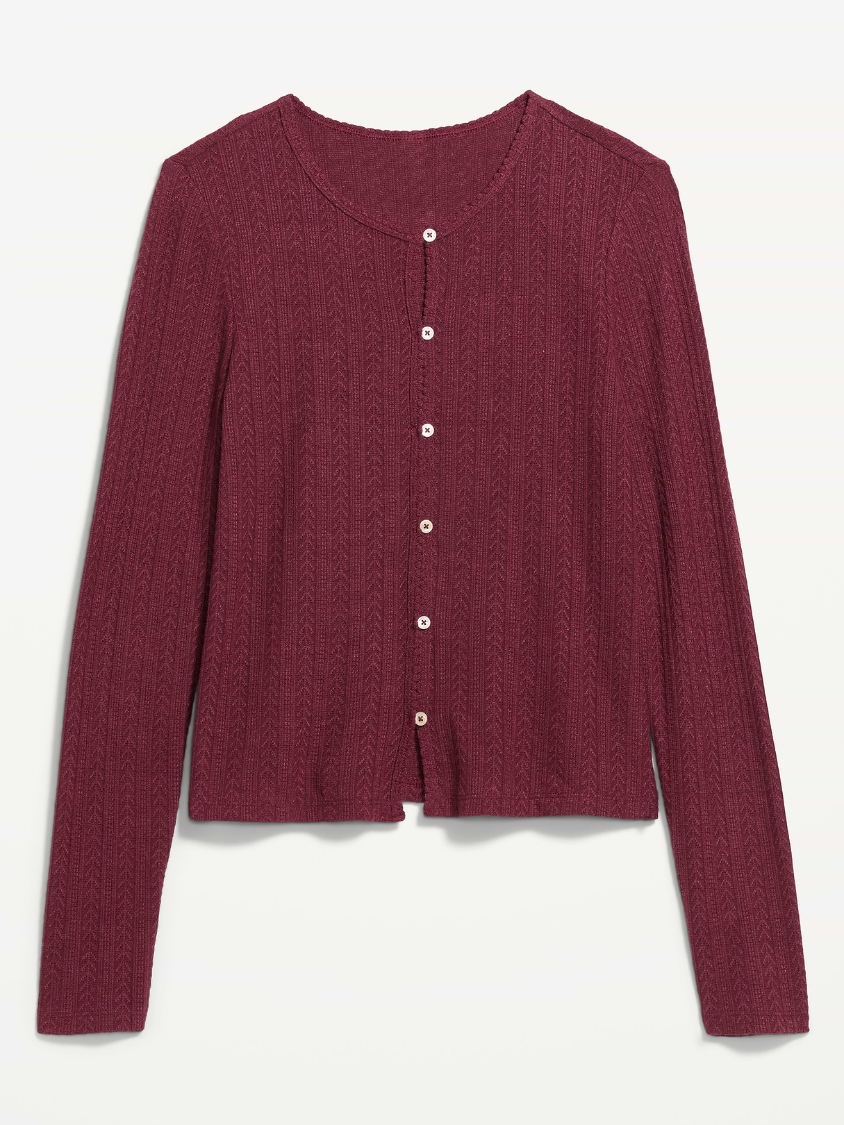 Long-Sleeve Button-Front Cutout Pointelle Top - Red Lacquer