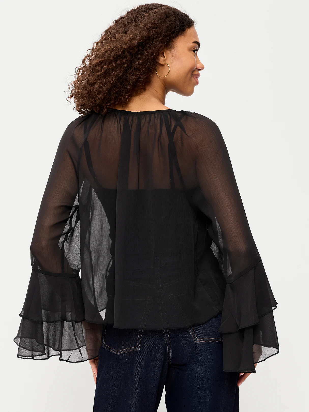 Sheer Chiffon Bell-Sleeve Top - Black Jack