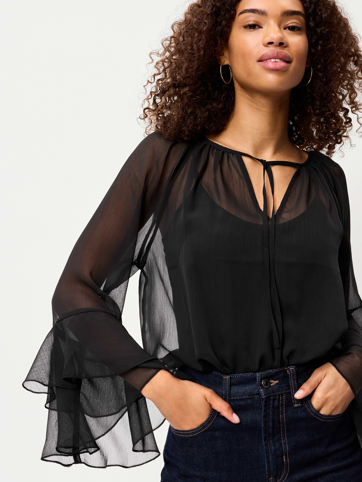 Sheer Chiffon Bell-Sleeve Top - Black Jack
