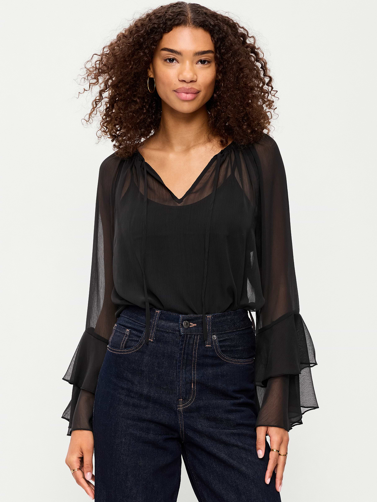 Sheer Chiffon Bell-Sleeve Top - Black Jack